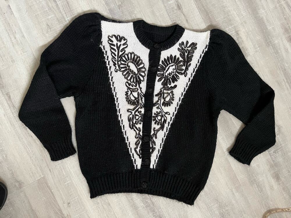 VTG Angora Mohair Blend Embroidered Floral Cardigan Sweater Ruffle Puff Sleeve M